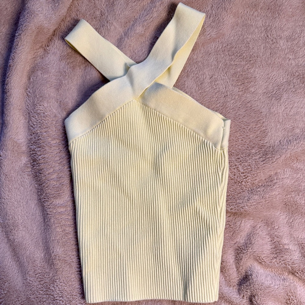 Babaton Sculpt Knit Cross Front Halter Top Women XS Yellow Ribbed Tank